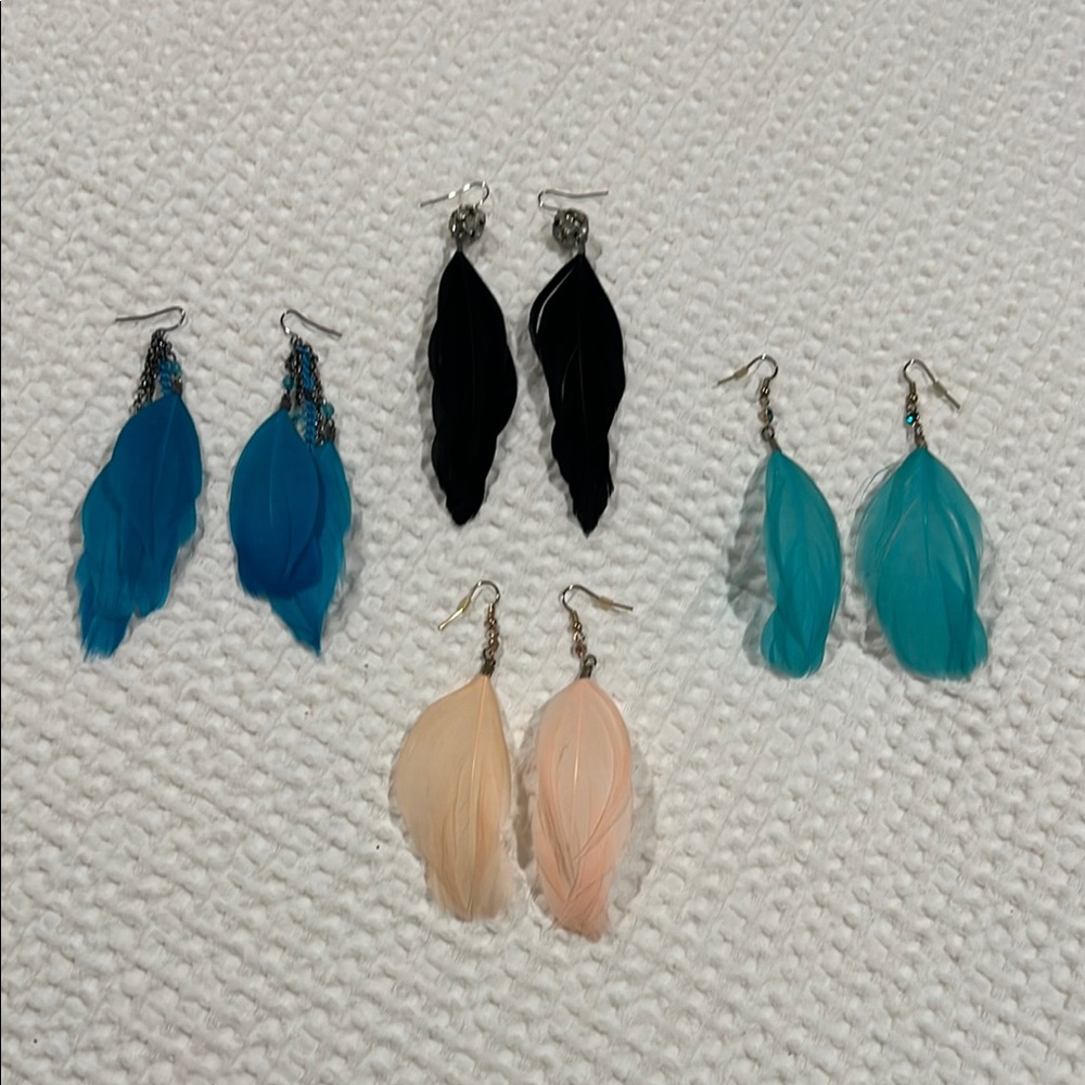 Feather Drop Earrings Set of 4 Blue Black Peach Turquoise Jewels Chain